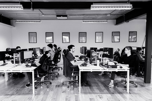 Grey photo of a group of employees working on their computers.