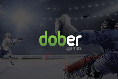 Image of hockey player taking a shot at goal with the words Dober Games written in green, white and grey.