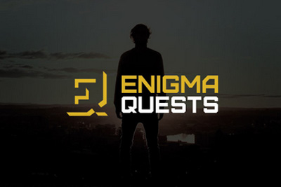 Man staring at a sunset with the words Enigma Quests written in gold.