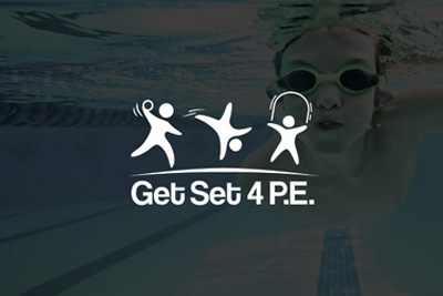 Close up of a child swimming with the words Get Set 4 P.E written in white.